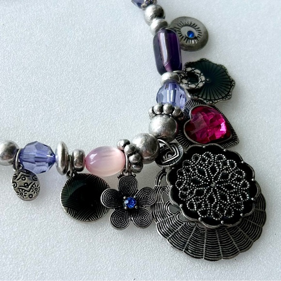 Tribal Sterling Silver Bib Necklace Purple Blue Pink Red Charms Snake Link 12” - Picture 3 of 11